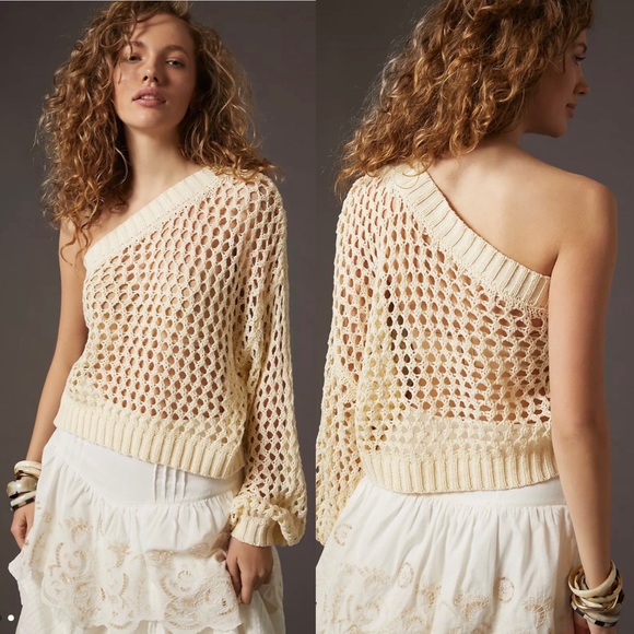 Mauve by Anthropologie One-Shoulder Crochet Layer top in cream NWOT - Picture 11 of 16